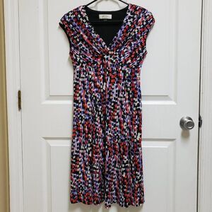 Kasper Dress Sz 4 Multicolor Geometric Sleeveless V Neck Stretchy Flare Office